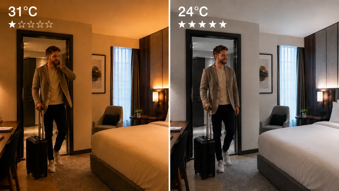 Un huésped entra a una habitación a 31 grados y valora el hotel con una estrella; a la derecha, la misma habitación preclimatizada a 24 grados y una valoración de cinco estrellas